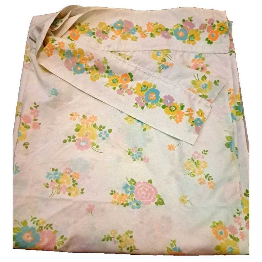 Vintage Full Flat Sheet Orange Blue Floral Eyelet Lace Percale JC Penney Cottage